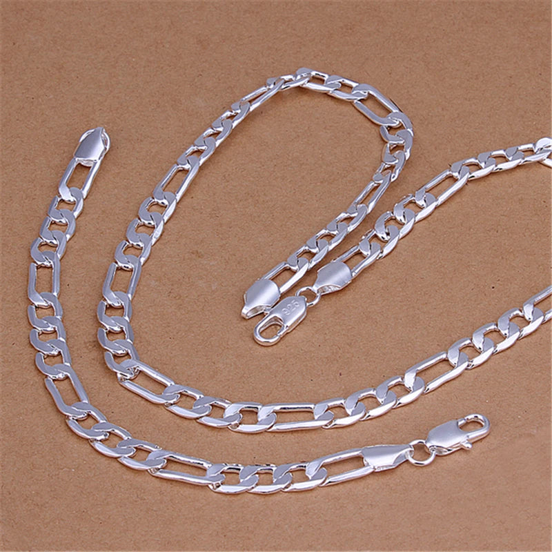 Silver Plated Jewelry Sets for Men 8mm Link Chain Necklace Bracelet 2pcs Set