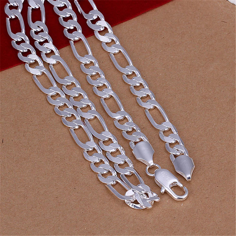 Silver Plated Jewelry Sets for Men 8mm Link Chain Necklace Bracelet 2pcs Set