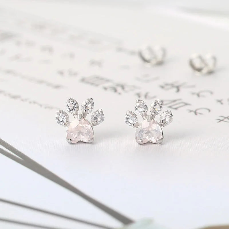 LAMOON Cat Paw 925 Sterling Silver Earrings for Women Rose Quartz Stud Earring