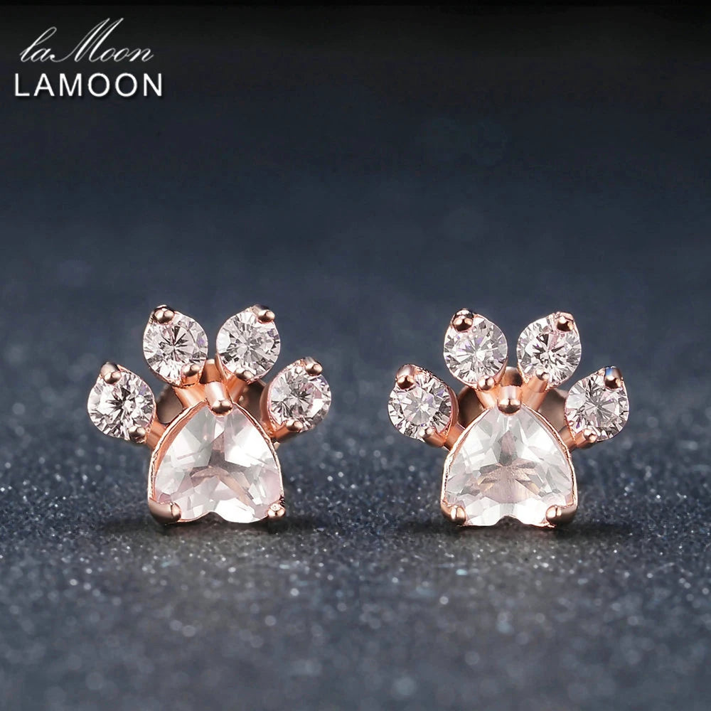 LAMOON Cat Paw 925 Sterling Silver Earrings for Women Rose Quartz Stud Earring