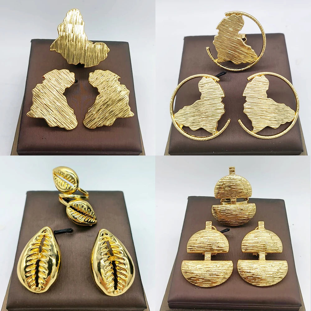 Dubai Golden Jewelry Set 18K Gold Plated Earrings and Rings