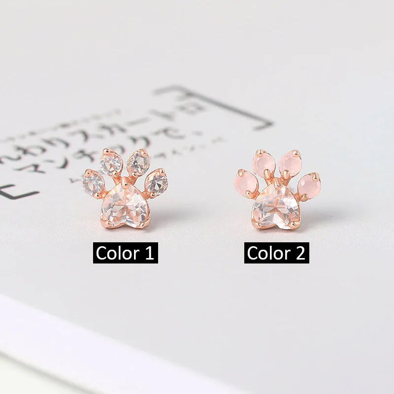 LAMOON Cat Paw 925 Sterling Silver Earrings for Women Rose Quartz Stud Earring